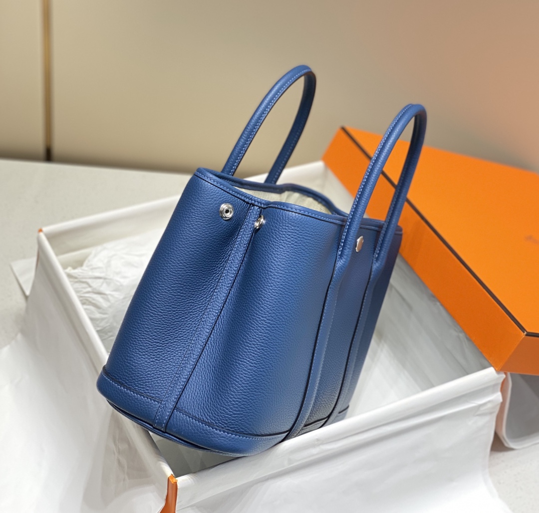 [TOP] HERMES Garden Party Bags Leather 30CM - Deep Blue&SHW