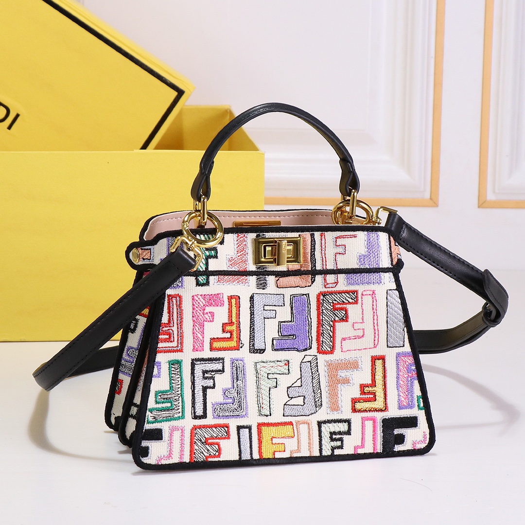 [TOP]FENDI Colorful Embroidery Peekaboo Bag 23×18×11CM - GHW