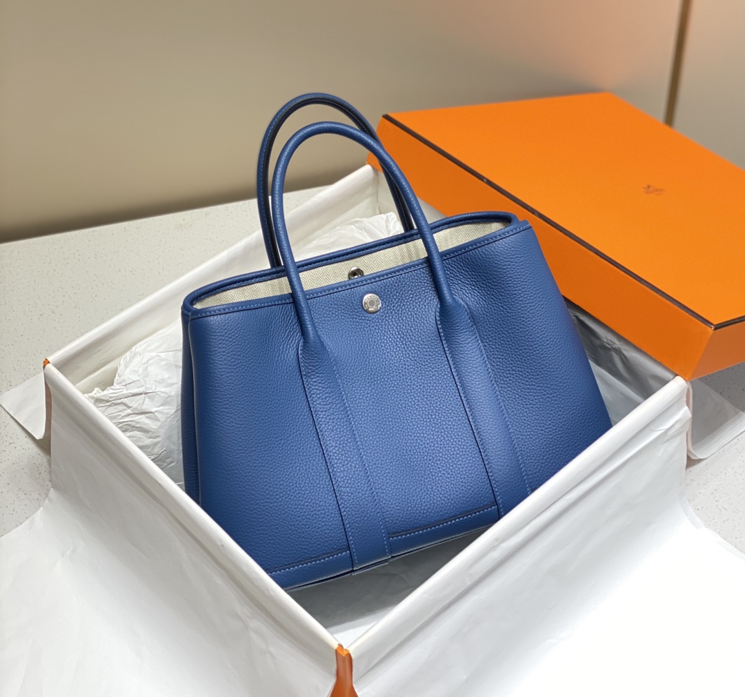 [TOP] HERMES Garden Party Bags Leather 30CM - Deep Blue&SHW