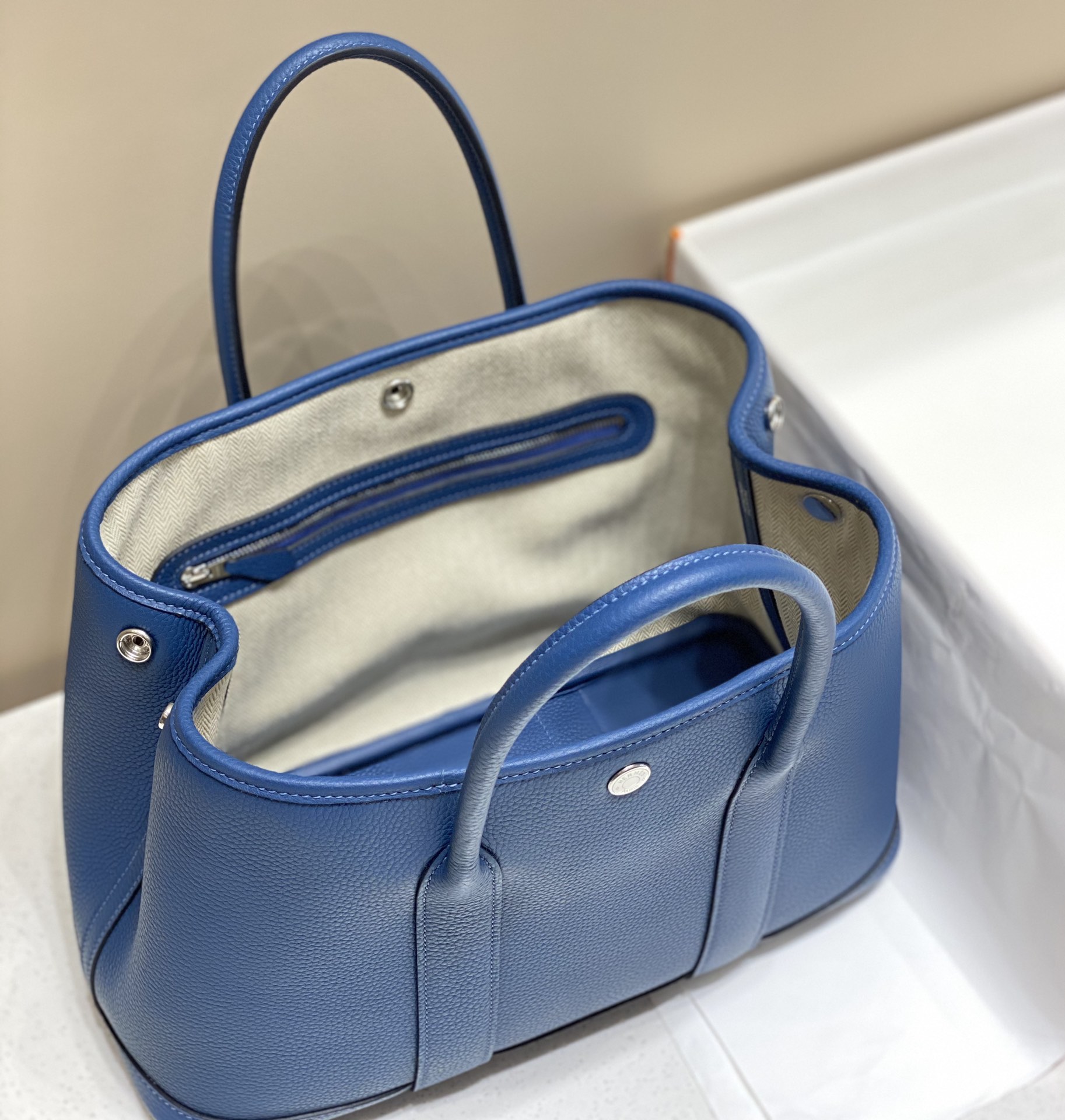 [TOP] HERMES Garden Party Bags Leather 30CM - Deep Blue&SHW