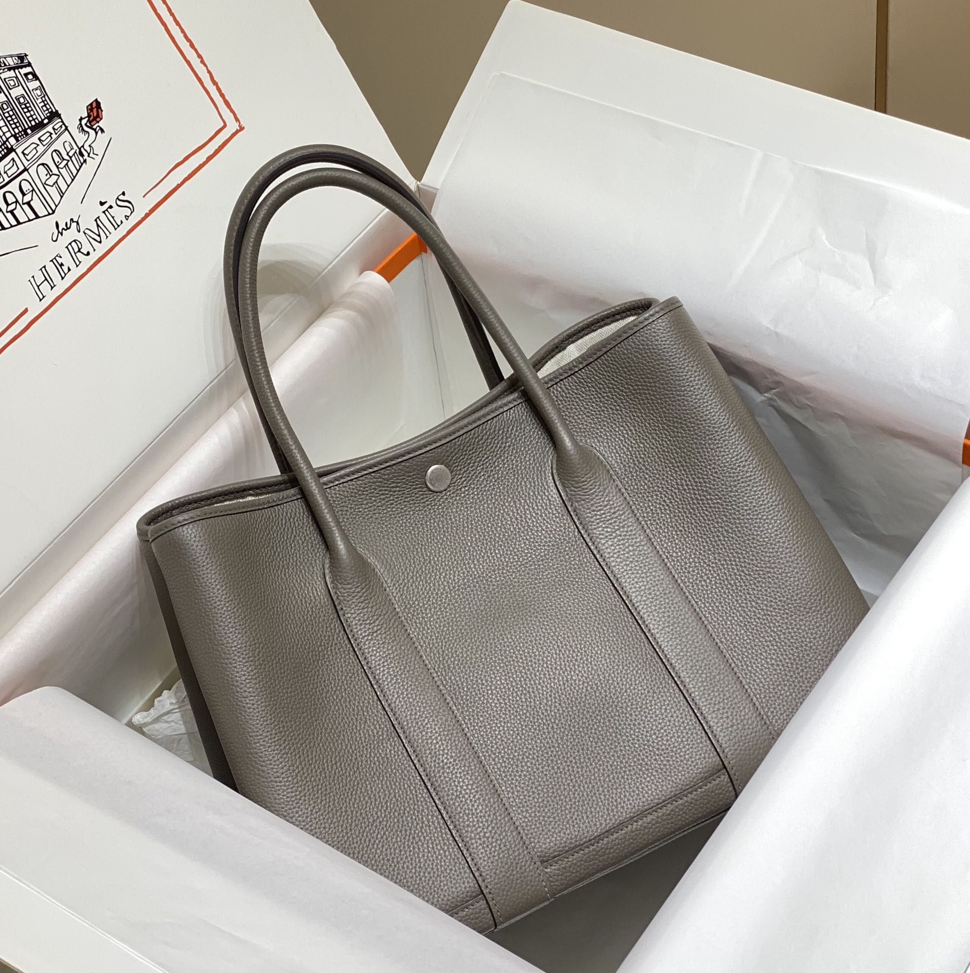 [TOP] HERMES Garden Party Bags Leather 30CM/36CM- Pewter Gray&SHW