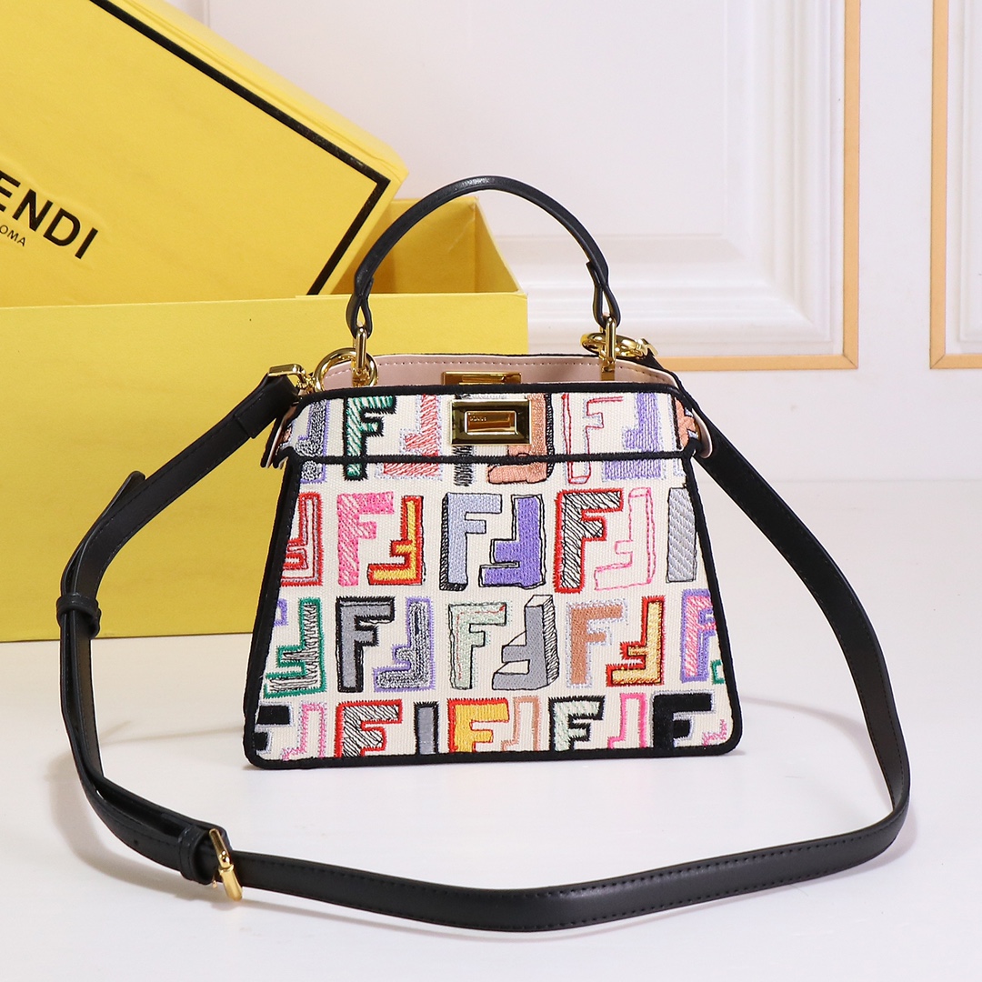 [TOP]FENDI Colorful Embroidery Peekaboo Bag 23×18×11CM - GHW