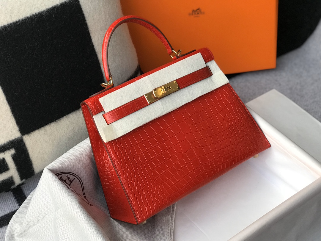 [TOP] HERMES Kelly Crocodile Printed Calfskin 25CM & 28CM - Red & GHW