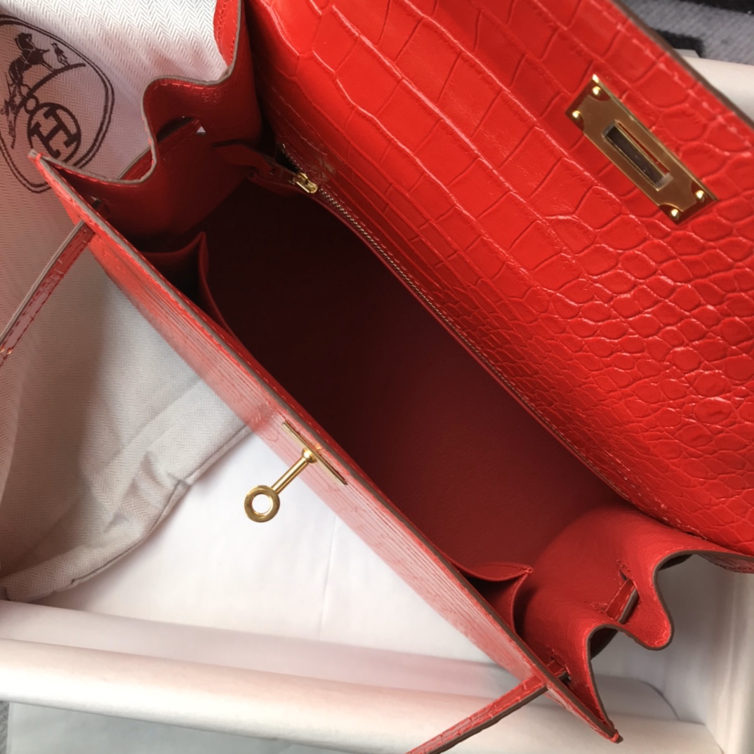 [TOP] HERMES Kelly Crocodile Printed Calfskin 25CM & 28CM - Red & GHW