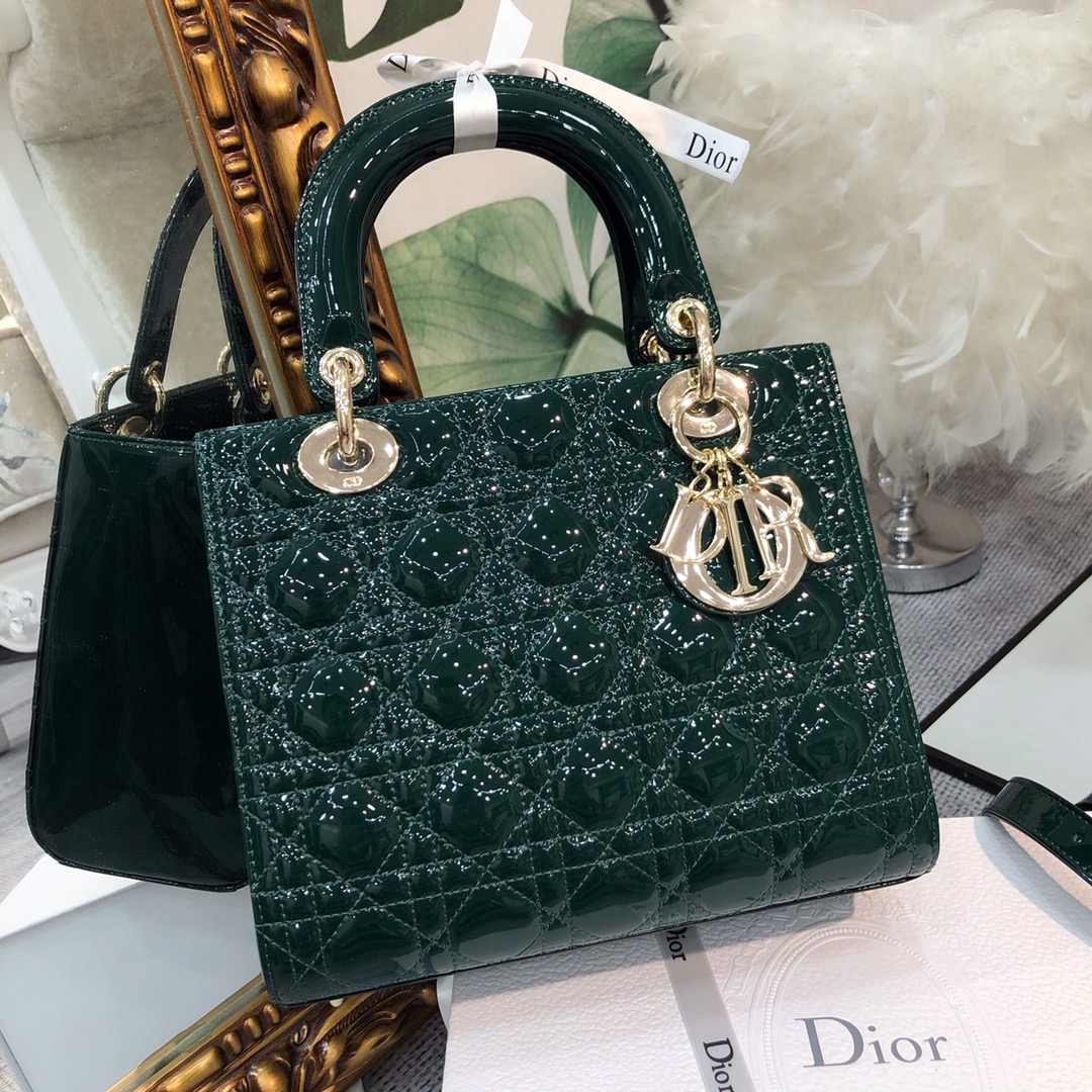 [TOP] Christian Dior 5-Grid Patent Leather Calf Leather Handbag 24*20*11cm - Blackish Green