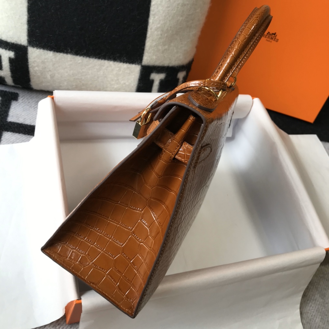 [TOP] HERMES Kelly Crocodile Printed Calfskin 25CM & 28CM - Brown & GHW