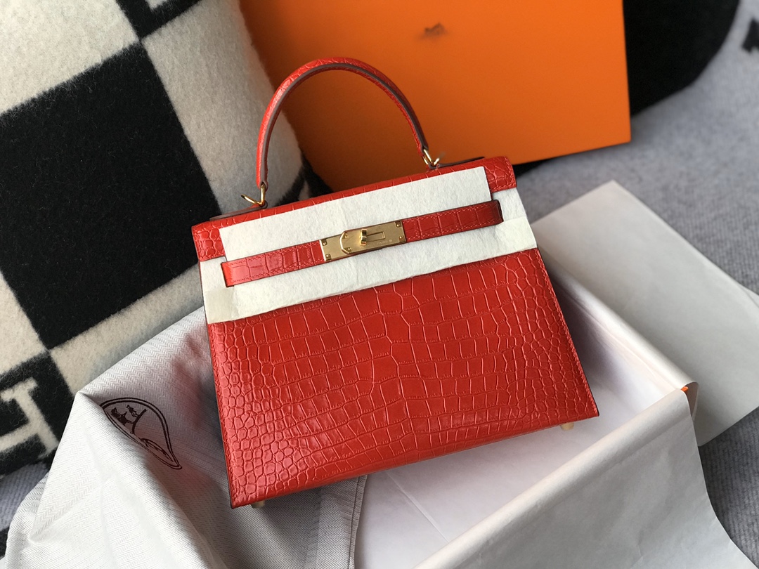 [TOP] HERMES Kelly Crocodile Printed Calfskin 25CM & 28CM - Red & GHW
