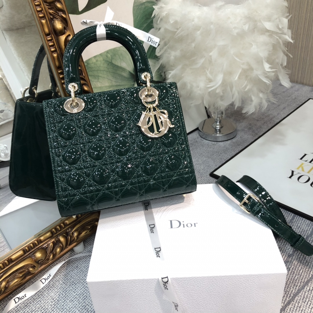 [TOP] Christian Dior 5-Grid Patent Leather Calf Leather Handbag 24*20*11cm - Blackish Green