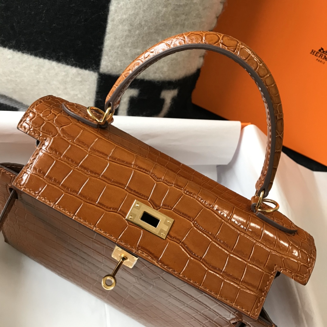 [TOP] HERMES Kelly Crocodile Printed Calfskin 25CM & 28CM - Brown & GHW