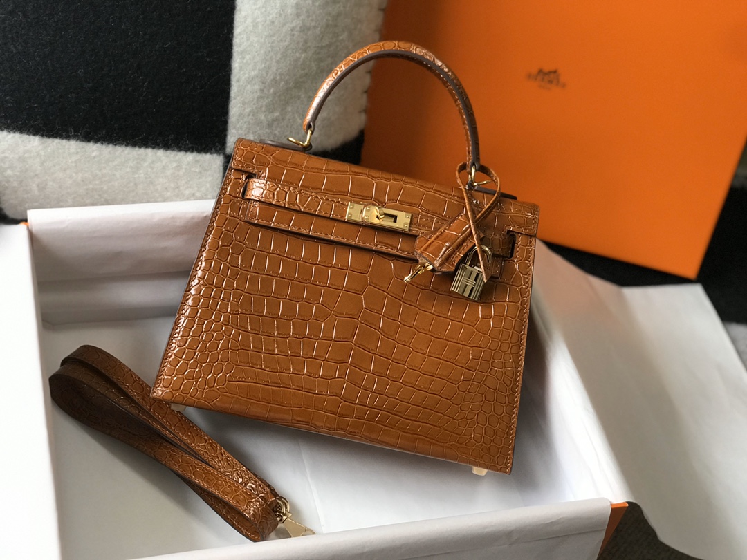 [TOP] HERMES Kelly Crocodile Printed Calfskin 25CM & 28CM - Brown & GHW