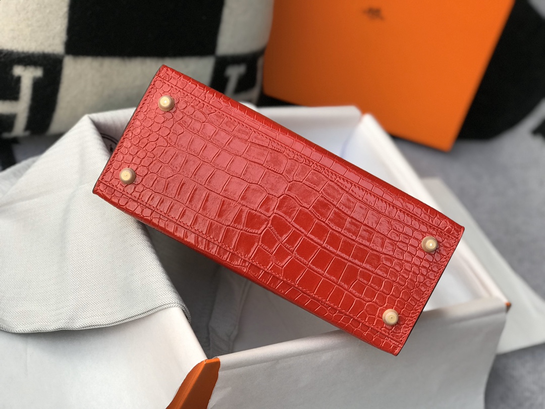 [TOP] HERMES Kelly Crocodile Printed Calfskin 25CM & 28CM - Red & GHW