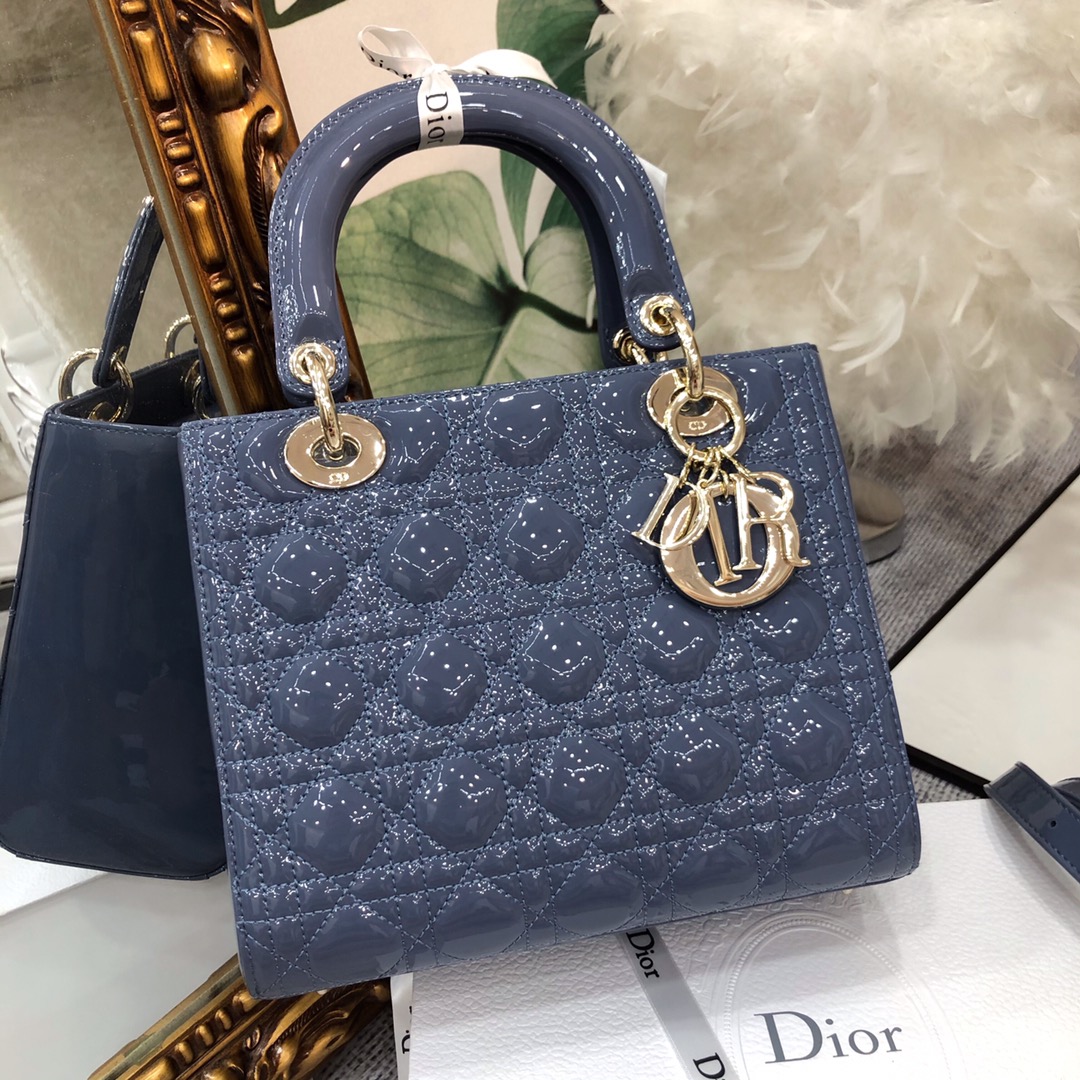[TOP] Christian Dior 5-Grid Patent Leather Calf Leather Handbag 24*20*11cm - Denim Blue
