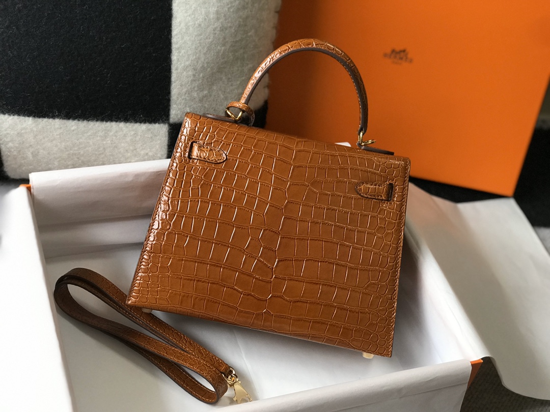 [TOP] HERMES Kelly Crocodile Printed Calfskin 25CM & 28CM - Brown & GHW