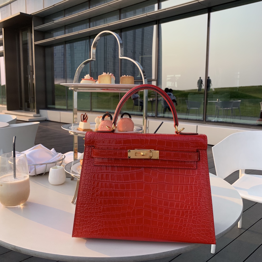 [TOP] HERMES Kelly Crocodile Printed Calfskin 25CM & 28CM - Red & GHW
