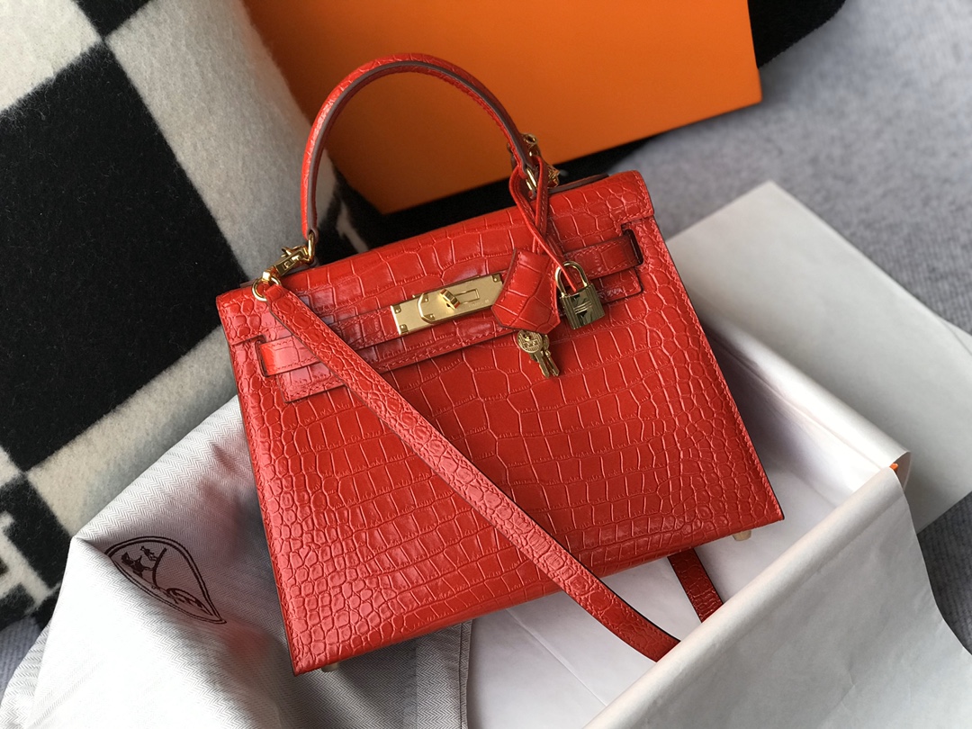 [TOP] HERMES Kelly Crocodile Printed Calfskin 25CM & 28CM - Red & GHW