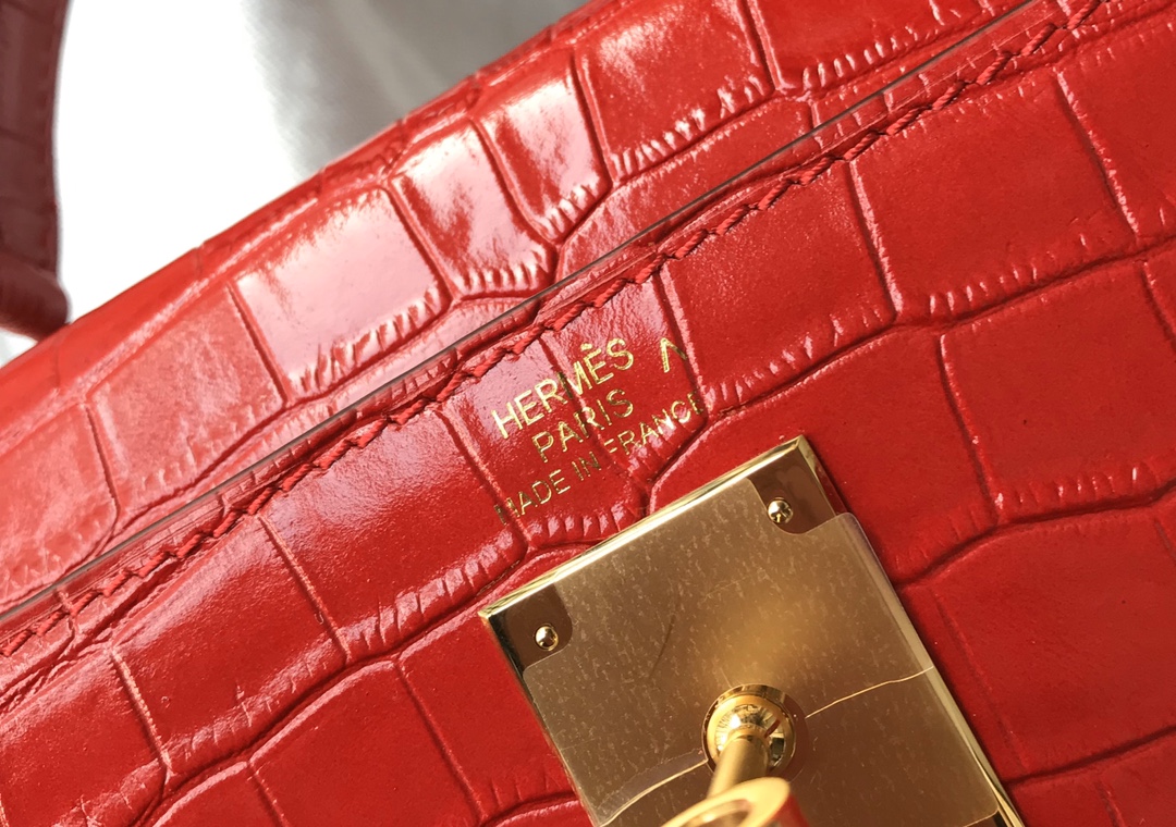 [TOP] HERMES Kelly Crocodile Printed Calfskin 25CM & 28CM - Red & GHW