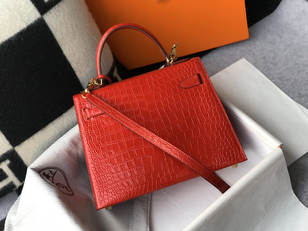 [TOP] HERMES Kelly Crocodile Printed Calfskin 25CM & 28CM - Red & GHW