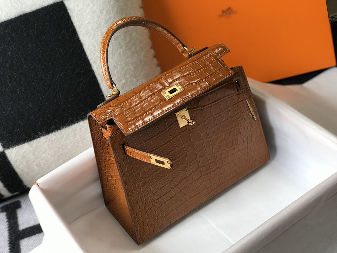 [TOP] HERMES Kelly Crocodile Printed Calfskin 25CM & 28CM - Brown & GHW