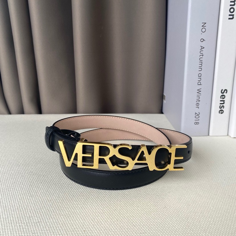 [TOP] VERSACE Cowhide With Electroplated Pure Steel Hardware Belts 2cm- Black