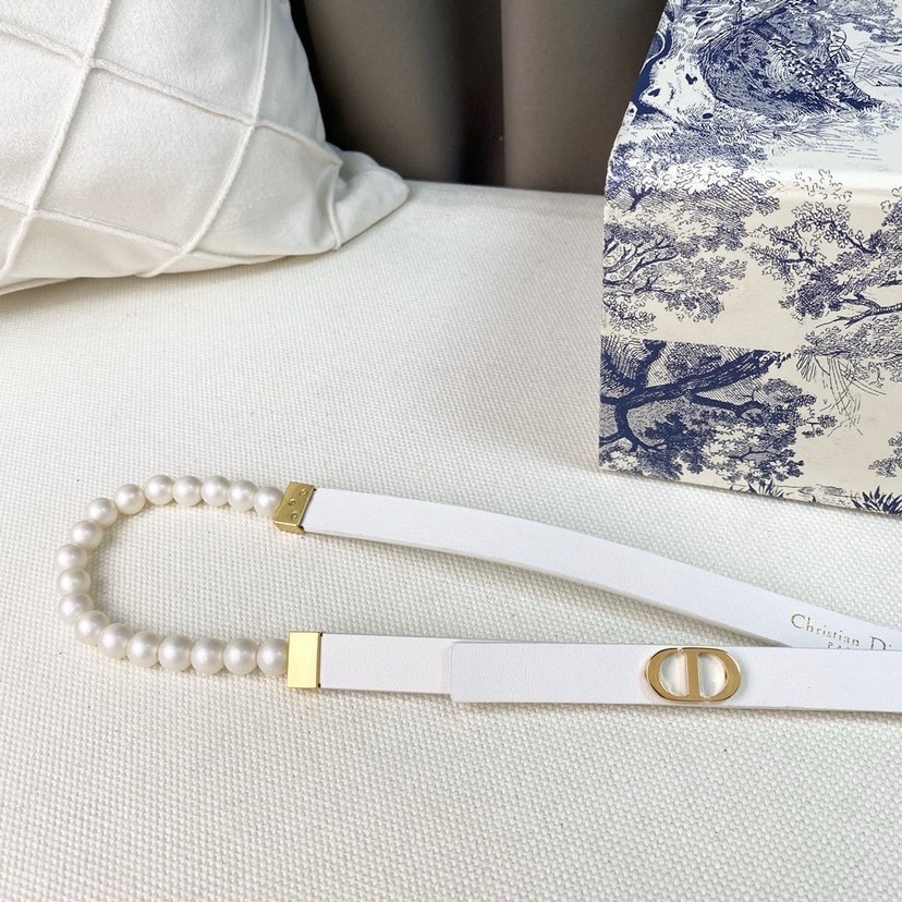 [TOP] Christian Dior Pearl Leather Belts 1.5CM - White