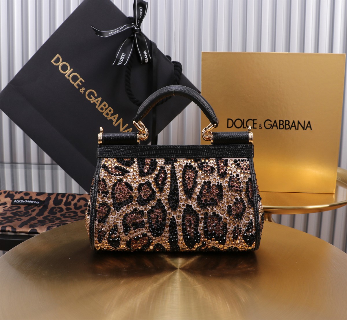 [TOP] Dolce & Gabbana D&G Sicily Bag with Rhinestone 11x18x6cm - Leopard Print
