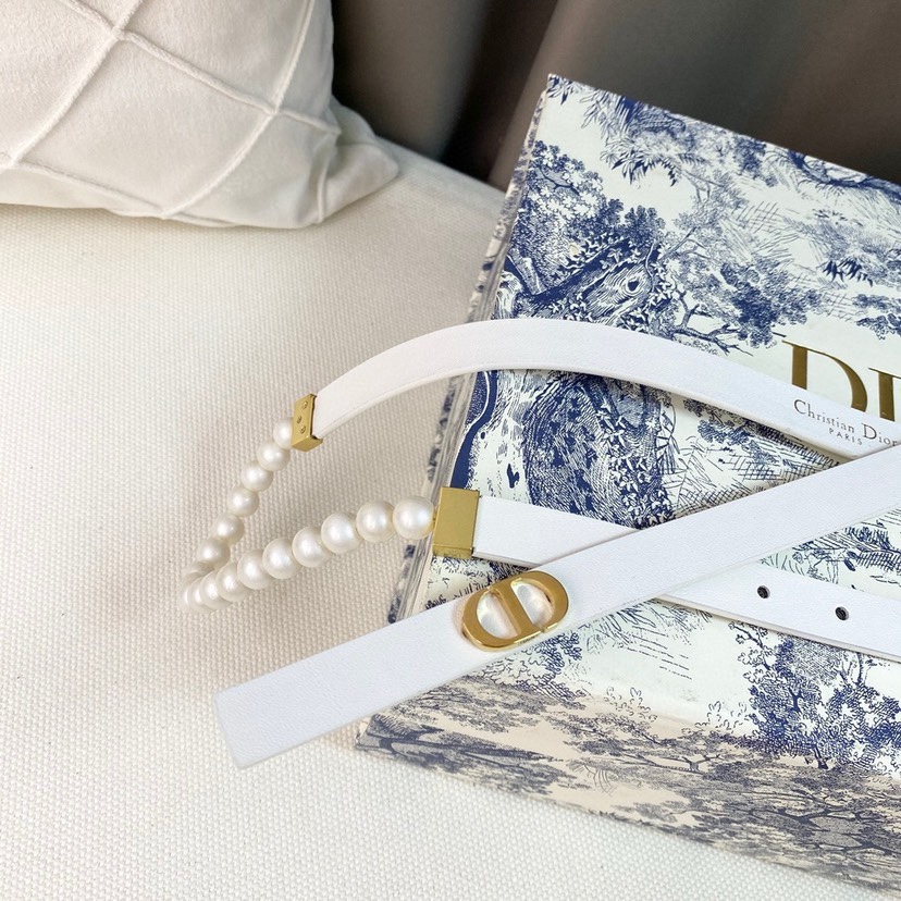 [TOP] Christian Dior Pearl Leather Belts 1.5CM - White