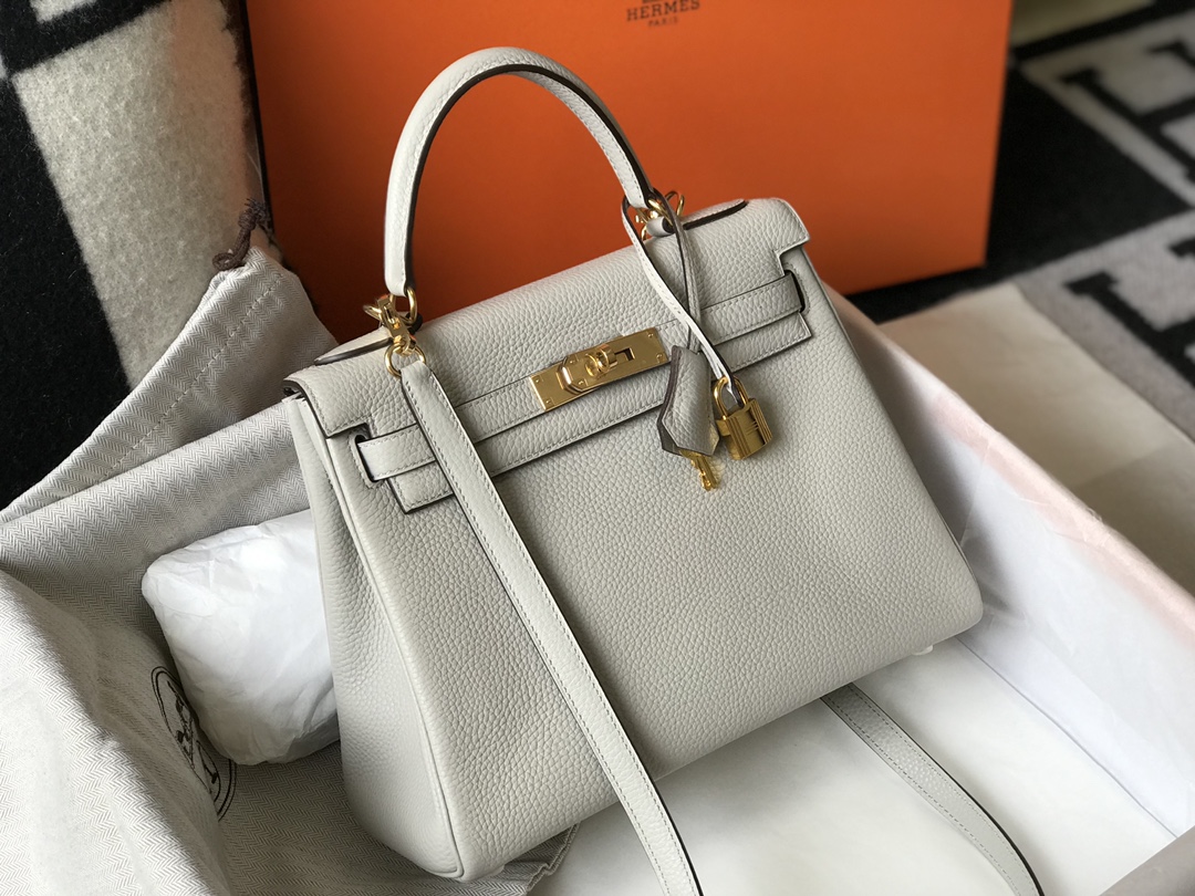 [TOP] HERMES Kelly Togo Leather 25cm/28cm/32cm - Pearl Gray & GHW