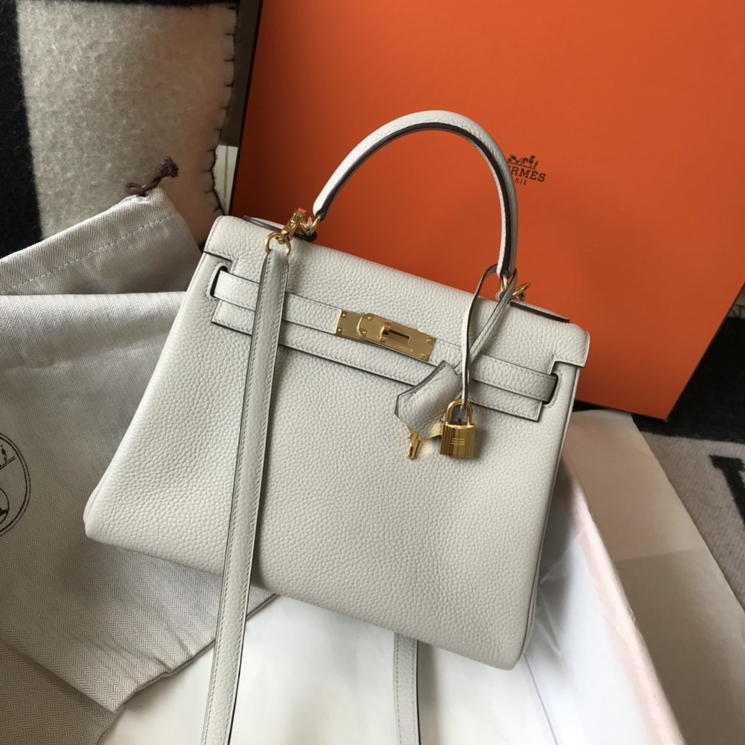 [TOP] HERMES Kelly Togo Leather 25cm/28cm/32cm - Pearl Gray & GHW