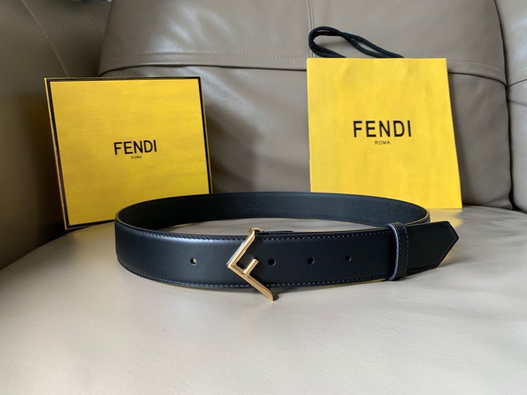 [TOP] FENDI Black Leather Material Waistband - Black - 3.5CM