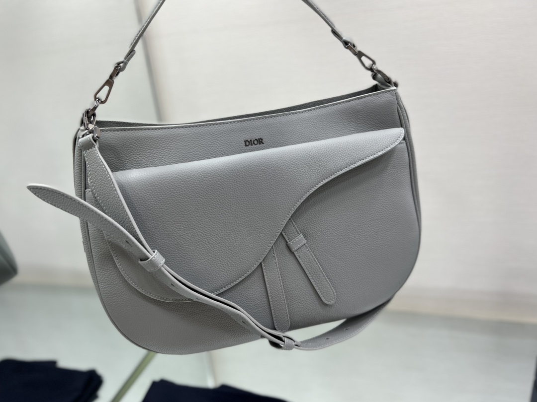 [Top] Christian Dior Men's Gray Grain Leather Handbag - 40×29.5×14.5cm
