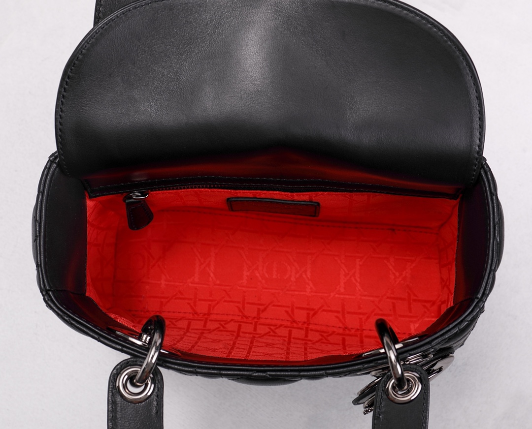 [TOP] Christian Dior Using Sheepskin Paired With Rattan Plaid Handbag 20x16.5x8cm - Black&SHW