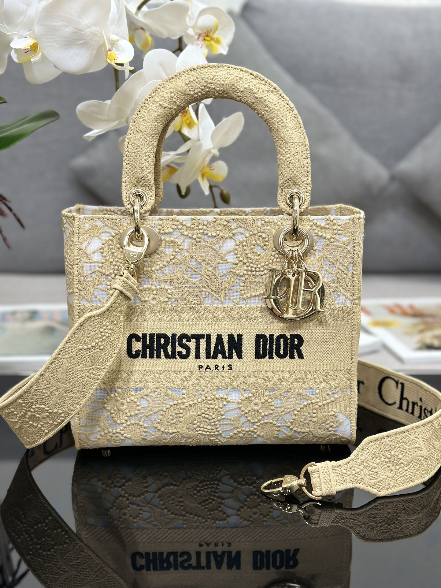 [TOP] Christian Dior Five Grid Embroidered Lace Handbags 24x20x11CM - 2 Colors&GHW