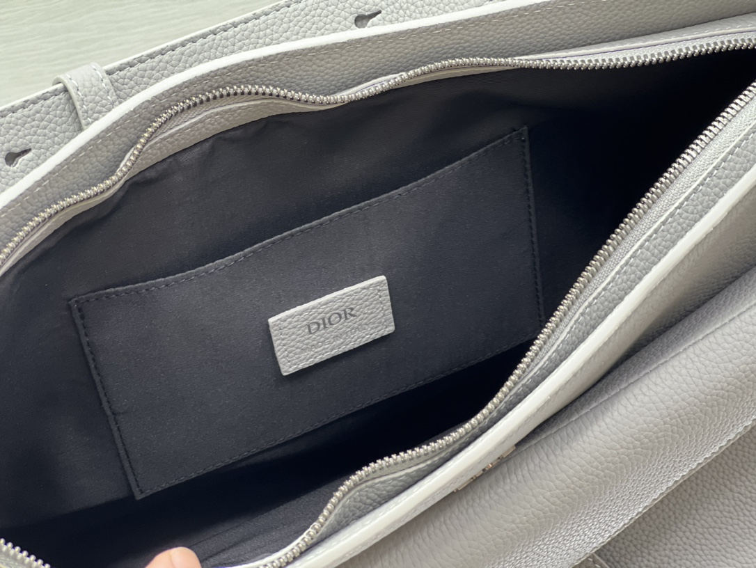 [Top] Christian Dior Men's Gray Grain Leather Handbag - 40×29.5×14.5cm