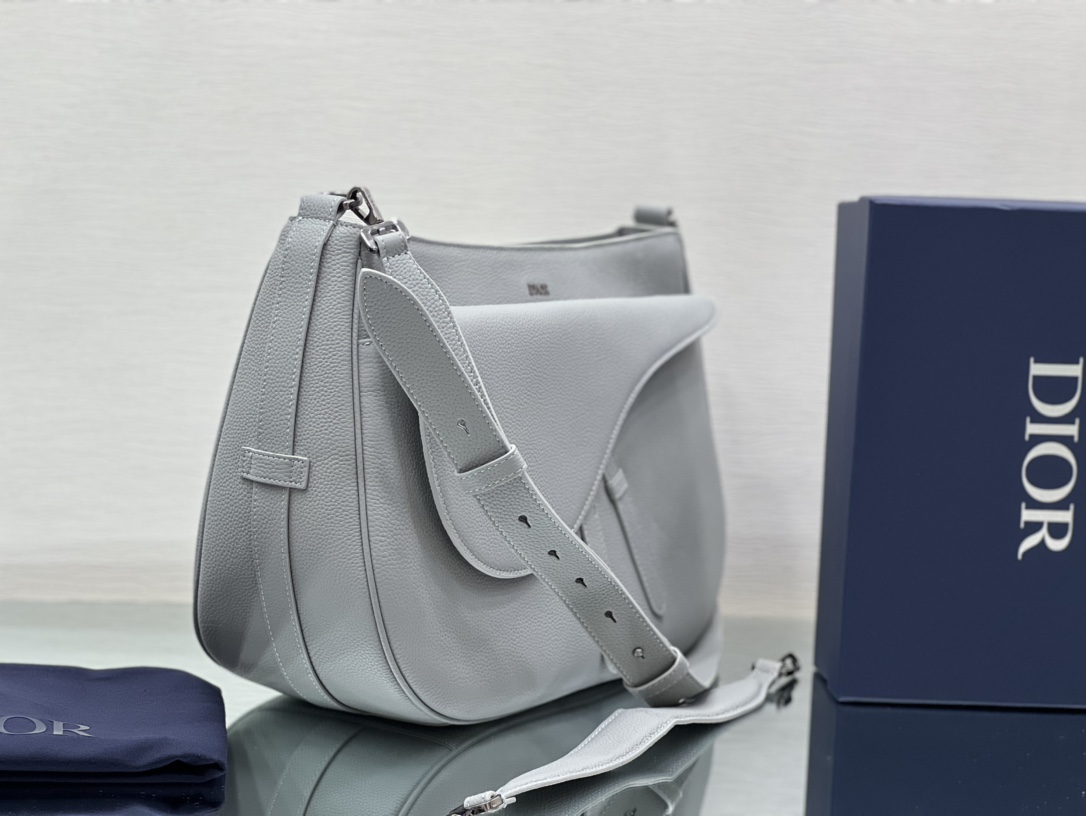 [Top] Christian Dior Men's Gray Grain Leather Handbag - 40×29.5×14.5cm