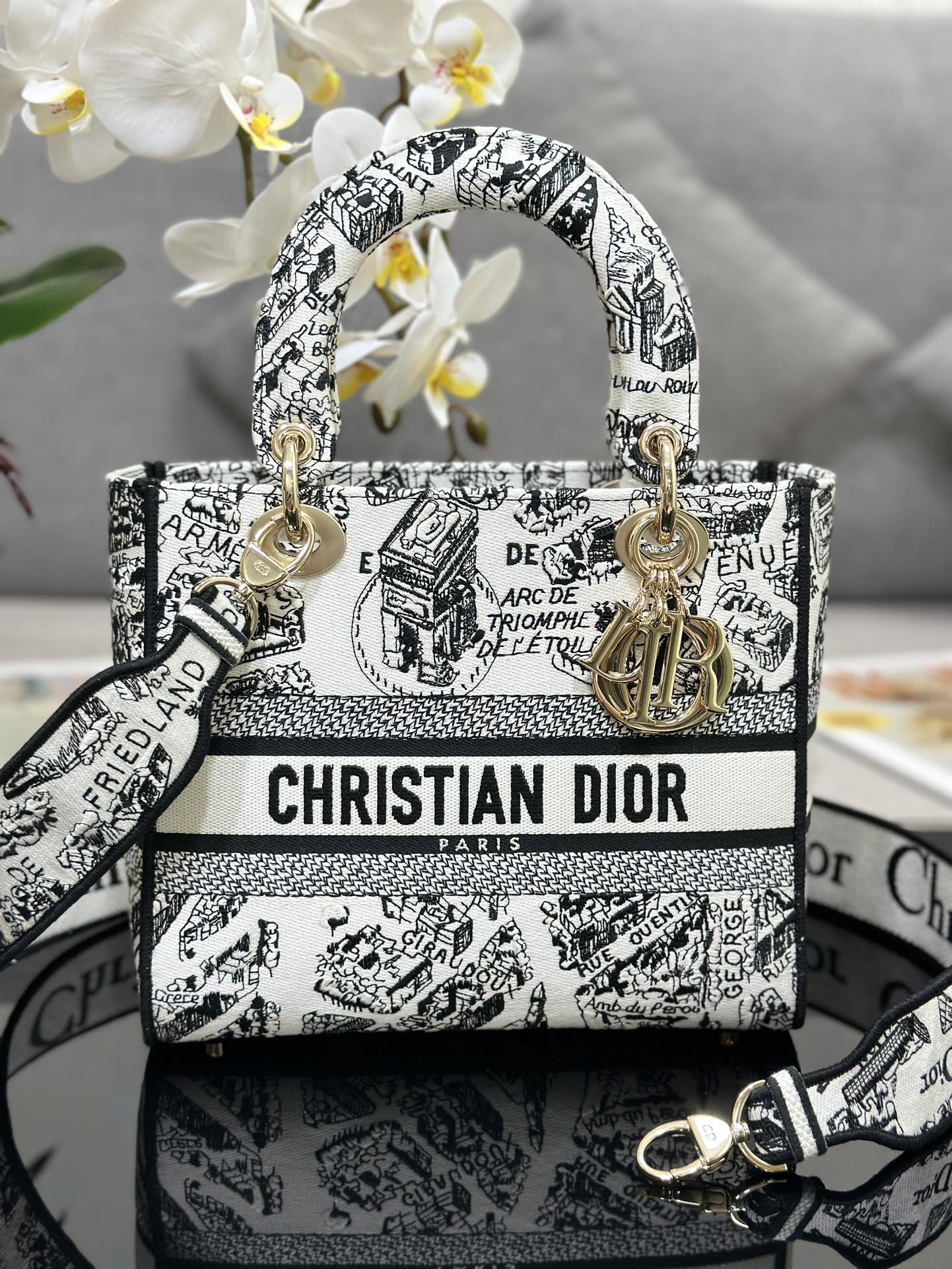 [TOP] Christian Dior Five Grid Embroidered Paris Map Handbag 24x20x11CM - White&GHW