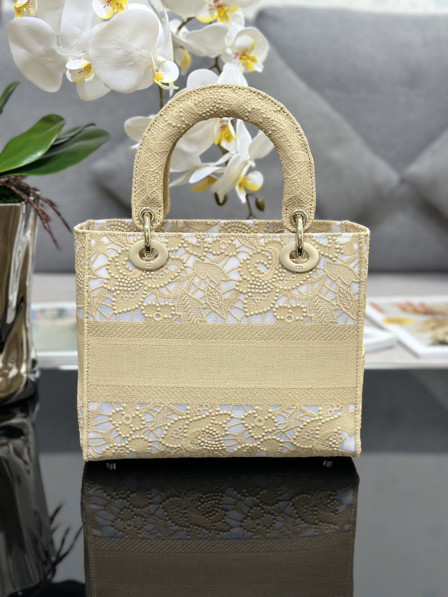 [TOP] Christian Dior Five Grid Embroidered Lace Handbags 24x20x11CM - 2 Colors&GHW