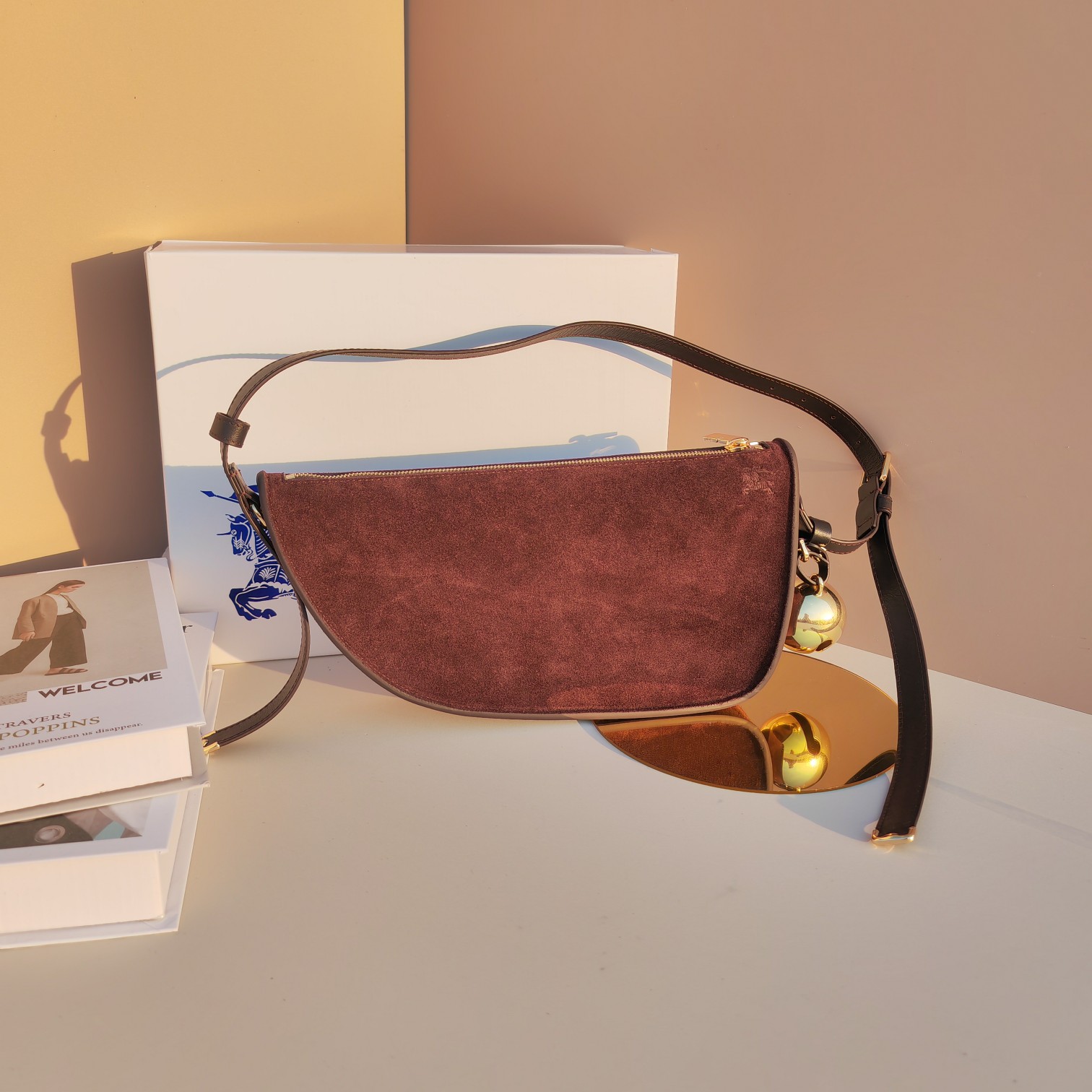 [TOP] BURBERRY Shoulder Bag with Bell Calf Suede 32×7×17cm - Dark Red