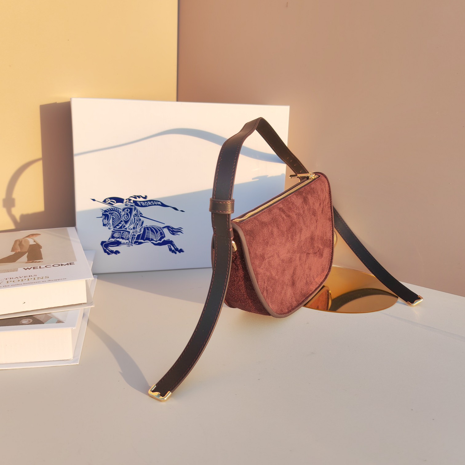 [TOP] BURBERRY Shoulder Bag with Bell Calf Suede 32×7×17cm - Dark Red