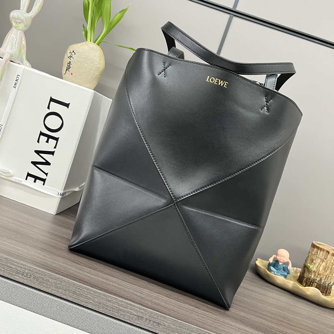 [TOP] LOEWE Puzzle Fold Tote Bag Glossy Cowhide 25.5x14.5x31.5cm - Black
