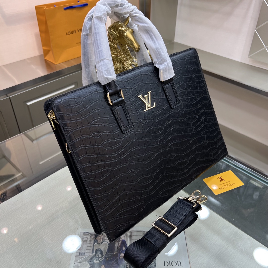 [TOP] Louis Vuitton LV Adopting Crocodile Patterned Cowhide Bag - 38-6-29CM - Black
