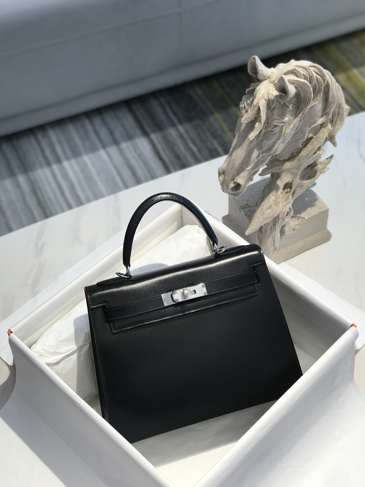[TOP] HERMES Kelly Box Calf Bags 25CM/28CM - Black&SHW
