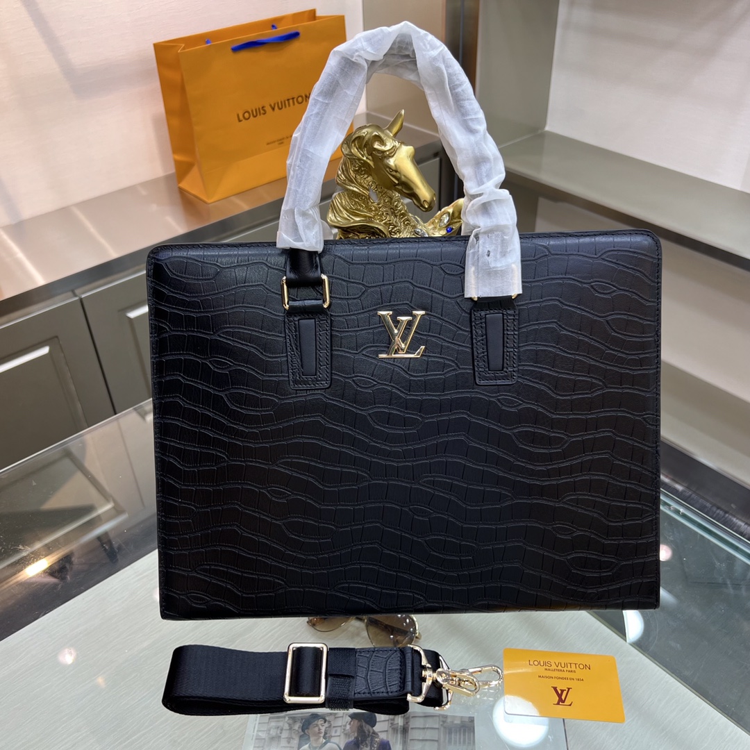 [TOP] Louis Vuitton LV Adopting Crocodile Patterned Cowhide Bag - 38-6-29CM - Black