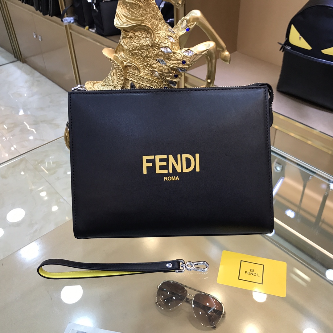 [TOP] FENDI Men's Black Romano Leather Bag 27-20-6cm - Black