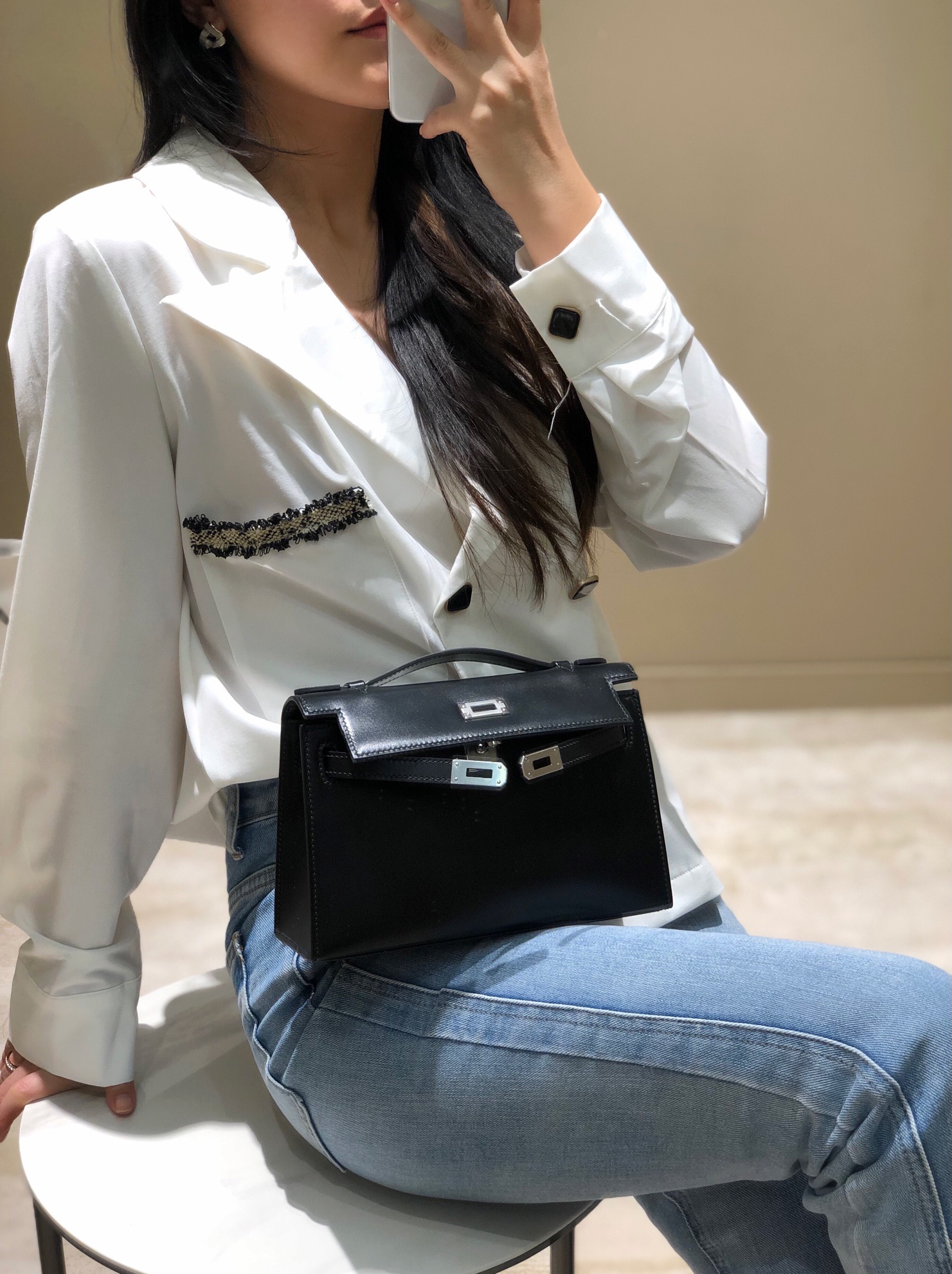 [TOP] HERMES Mini Kelly Box Calf Bags 22CM - Black&SHW