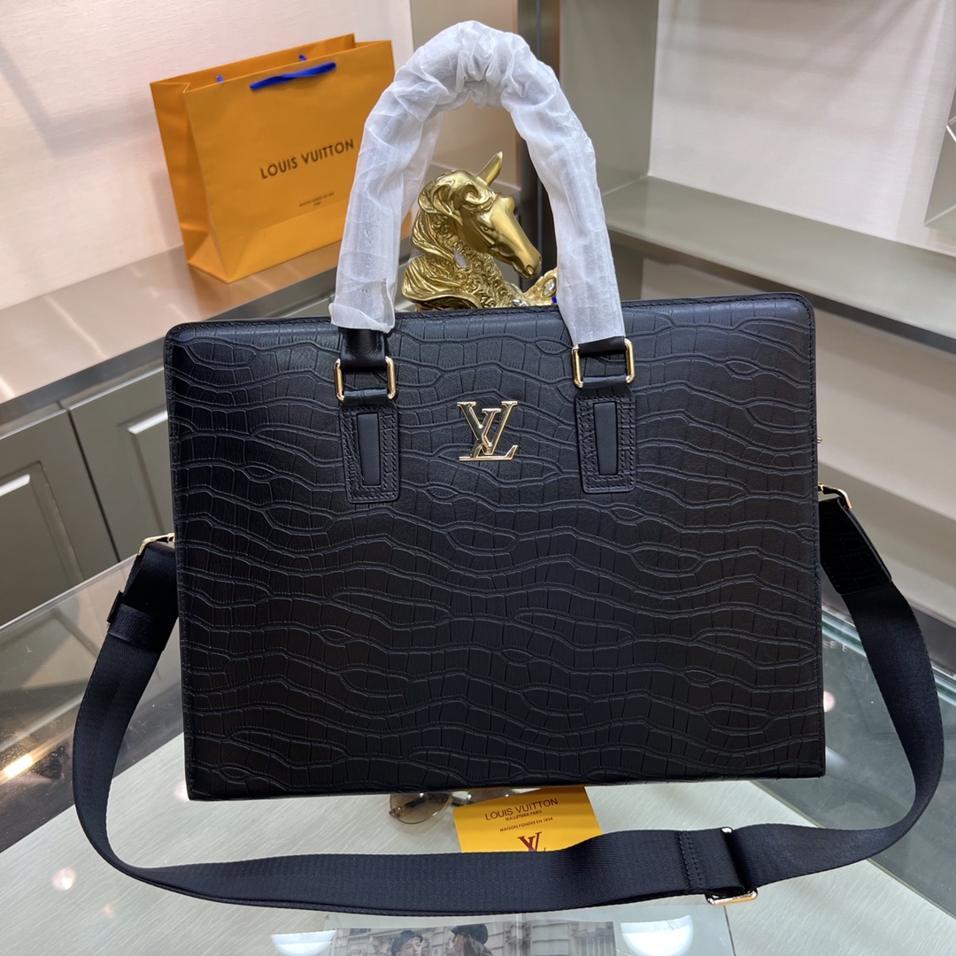[TOP] Louis Vuitton LV Adopting Crocodile Patterned Cowhide Bag - 38-6-29CM - Black