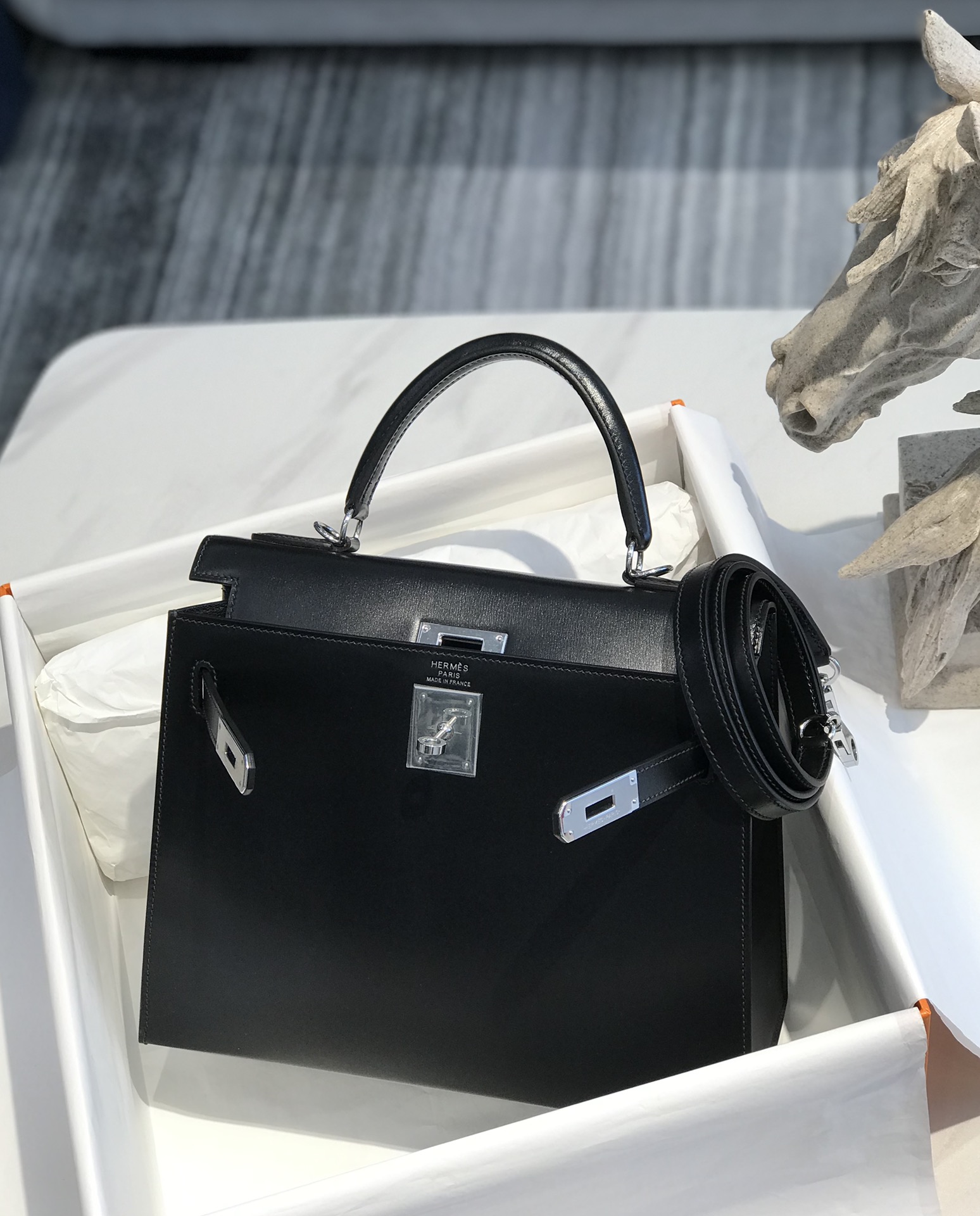 [TOP] HERMES Kelly Box Calf Bags 25CM/28CM - Black&SHW
