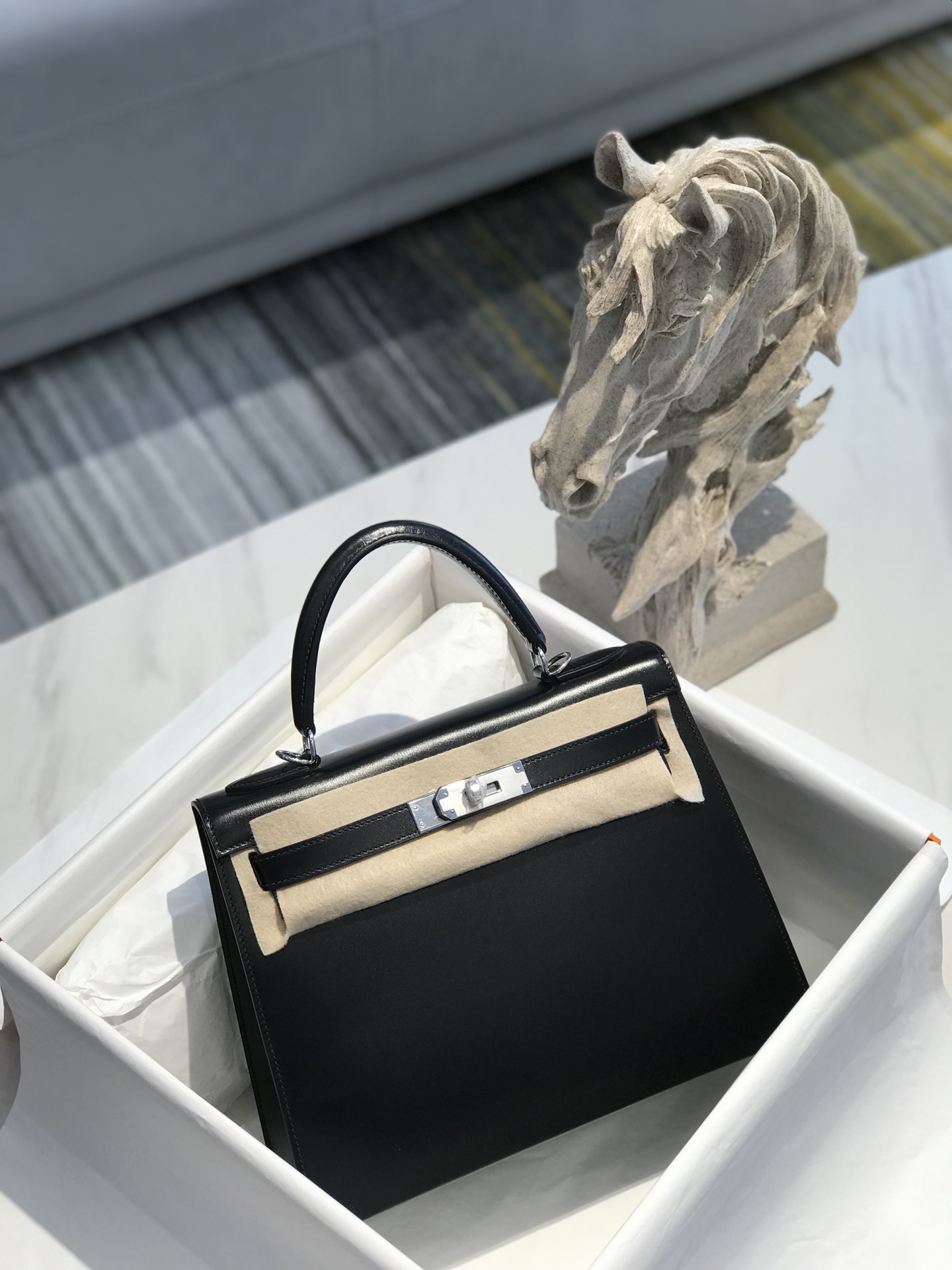 [TOP] HERMES Kelly Box Calf Bags 25CM/28CM - Black&SHW