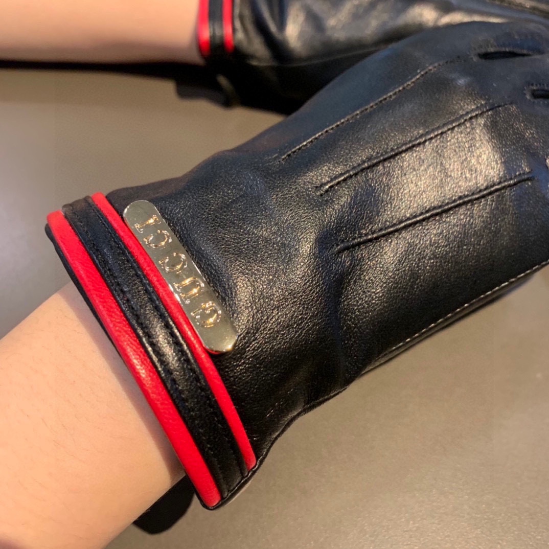 [TOP] GUCCI Women's Sheepskin Gloves with Red Decorative Edge - Black