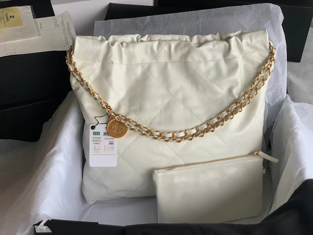[TOP] CHANEL 22 Quilted Gold Chain Small Bag 35*30*8cm - White