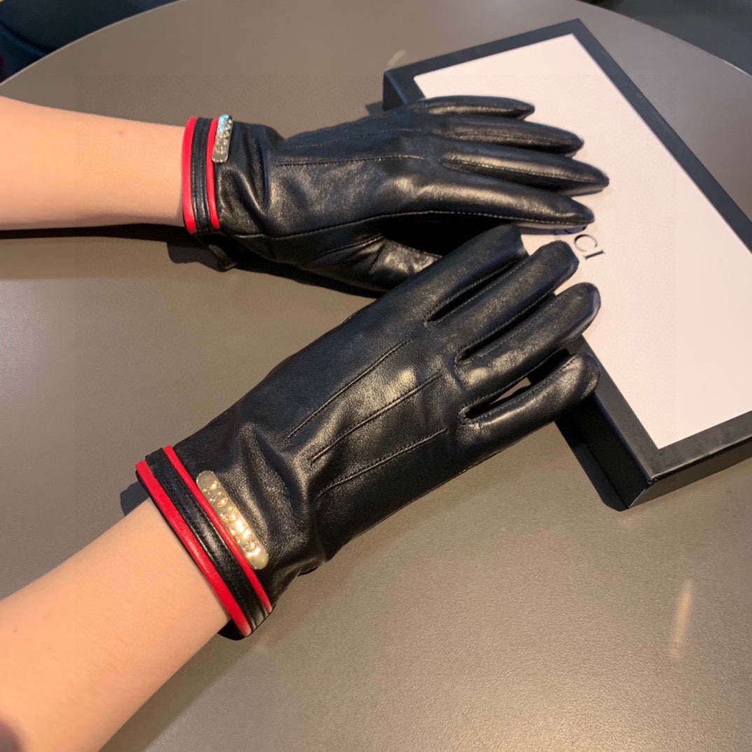 [TOP] GUCCI Women's Sheepskin Gloves with Red Decorative Edge - Black